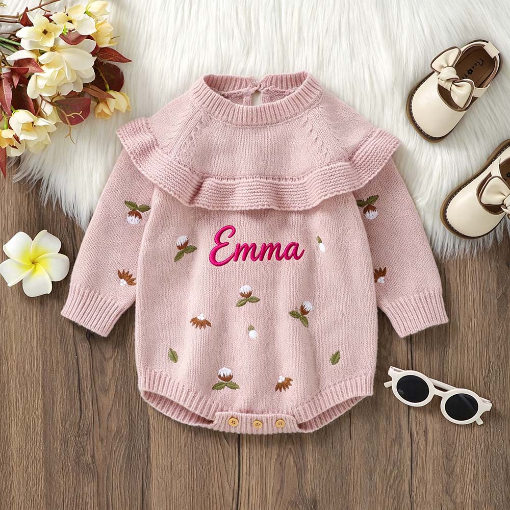 Personalized Embroidered Baby Knit Ruffle Romper | MNBaby04