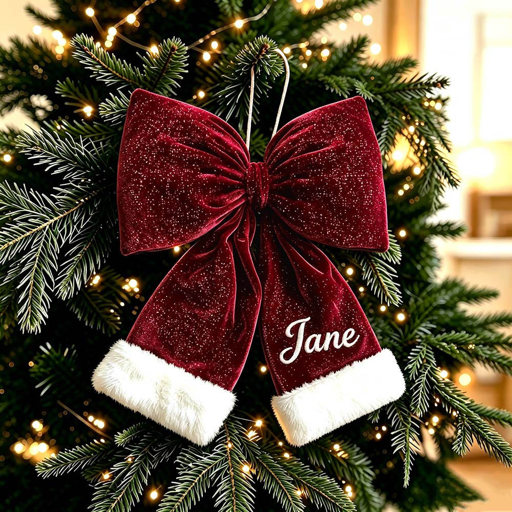 Personalized Velvet Christmas Bow Ornament With Furry Trim | MCGift384