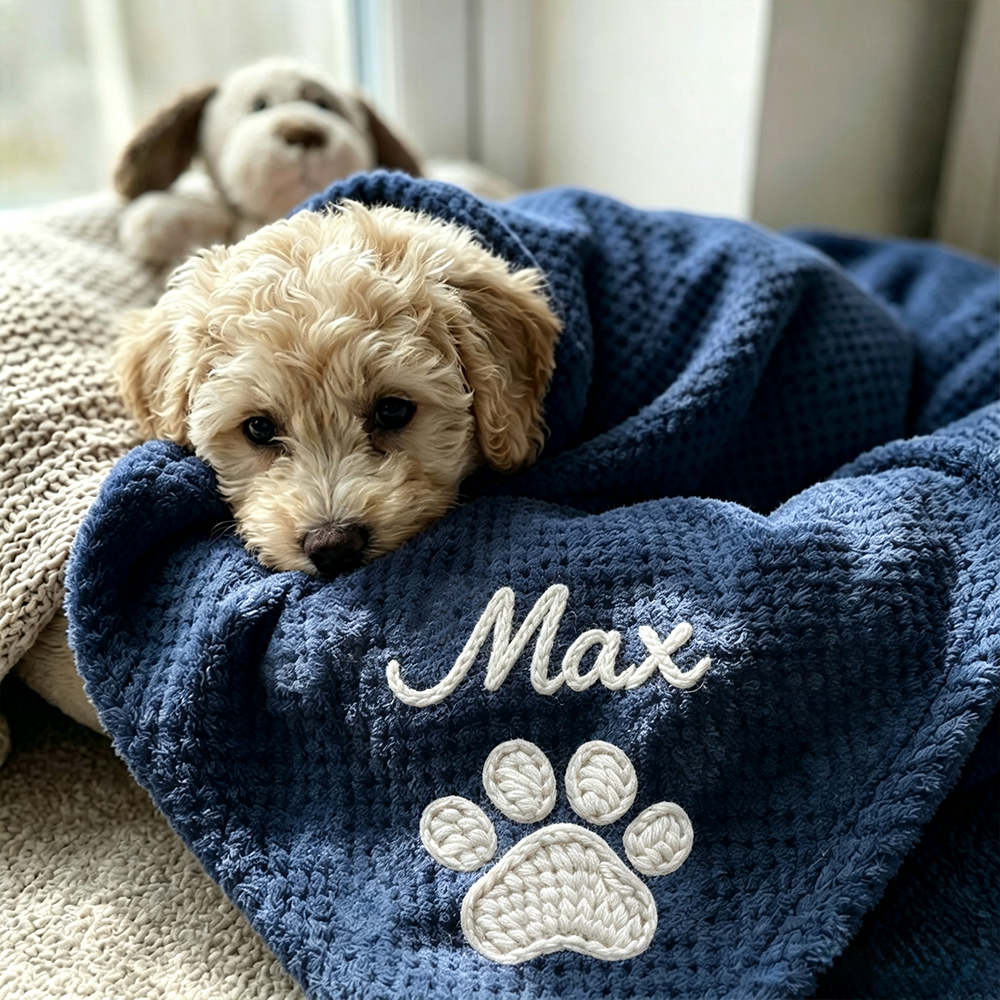 Personalized Hand Embroidered Puppy Blanket with Name & Paw Print | MNHome106
