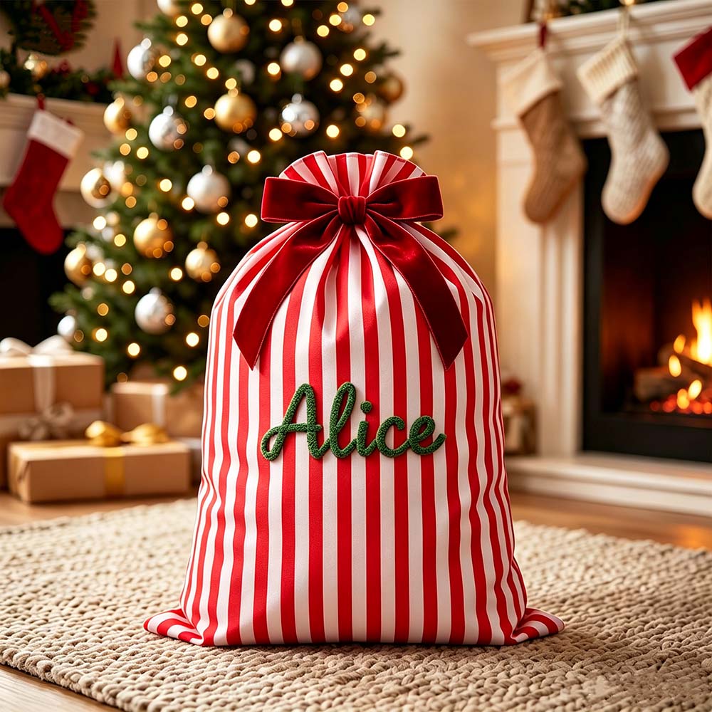 Personalized Hand Embroidered Striped Christmas Gift Sack | MNGift39