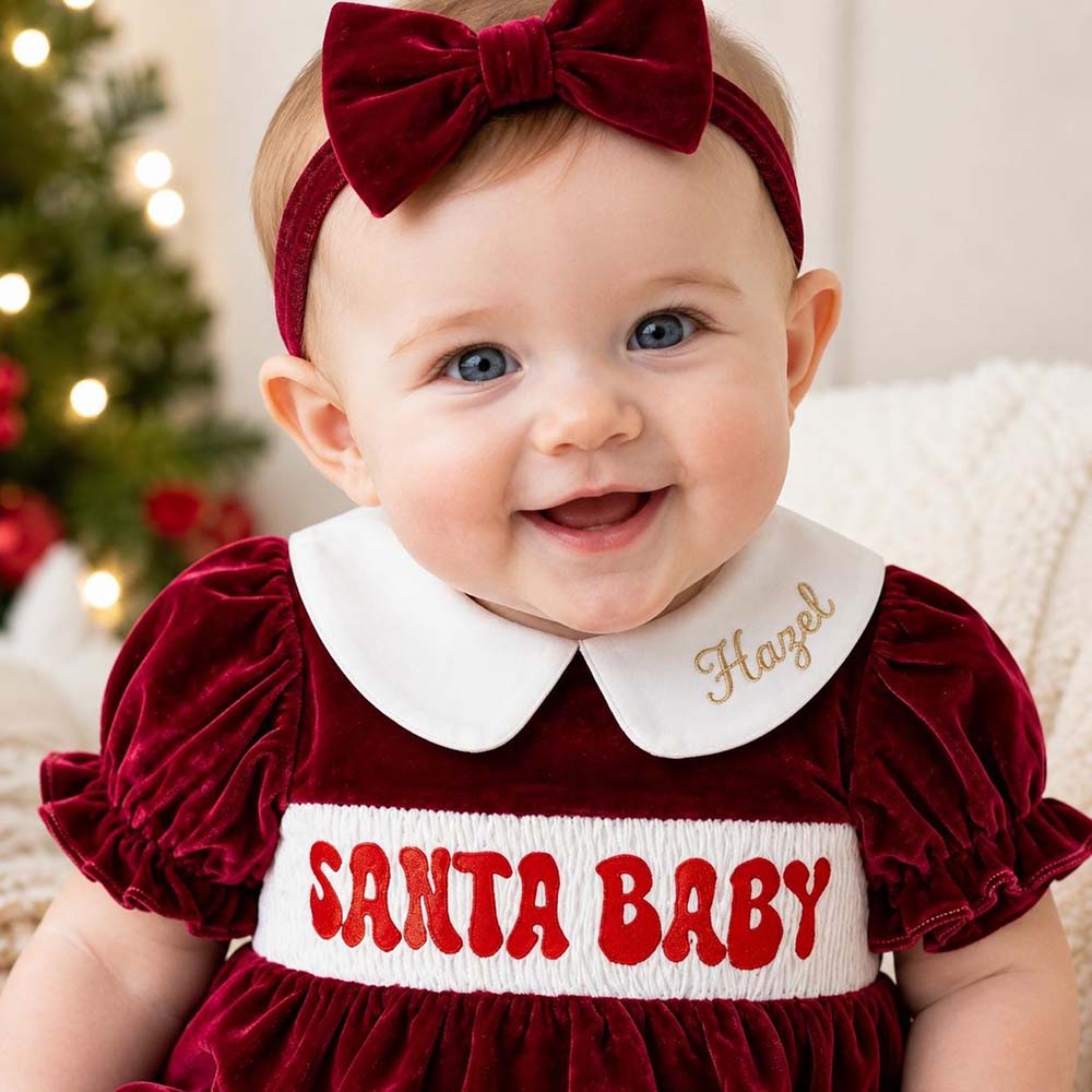 Personalized Embroidered Baby Girl Christmas Santa Velvet Outfit | MNBaby12