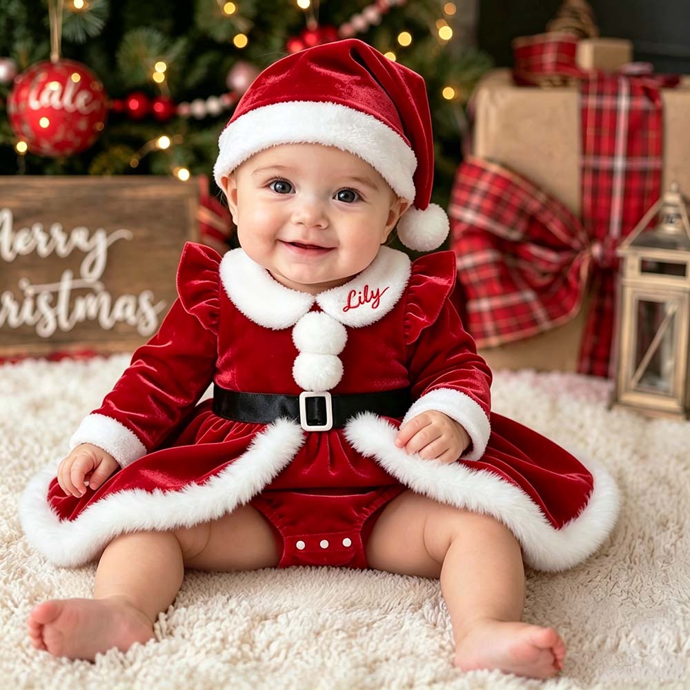 Personalized Embroidered Baby Girls Christmas Bodysuit Dress With Santa Hat | MNBaby16
