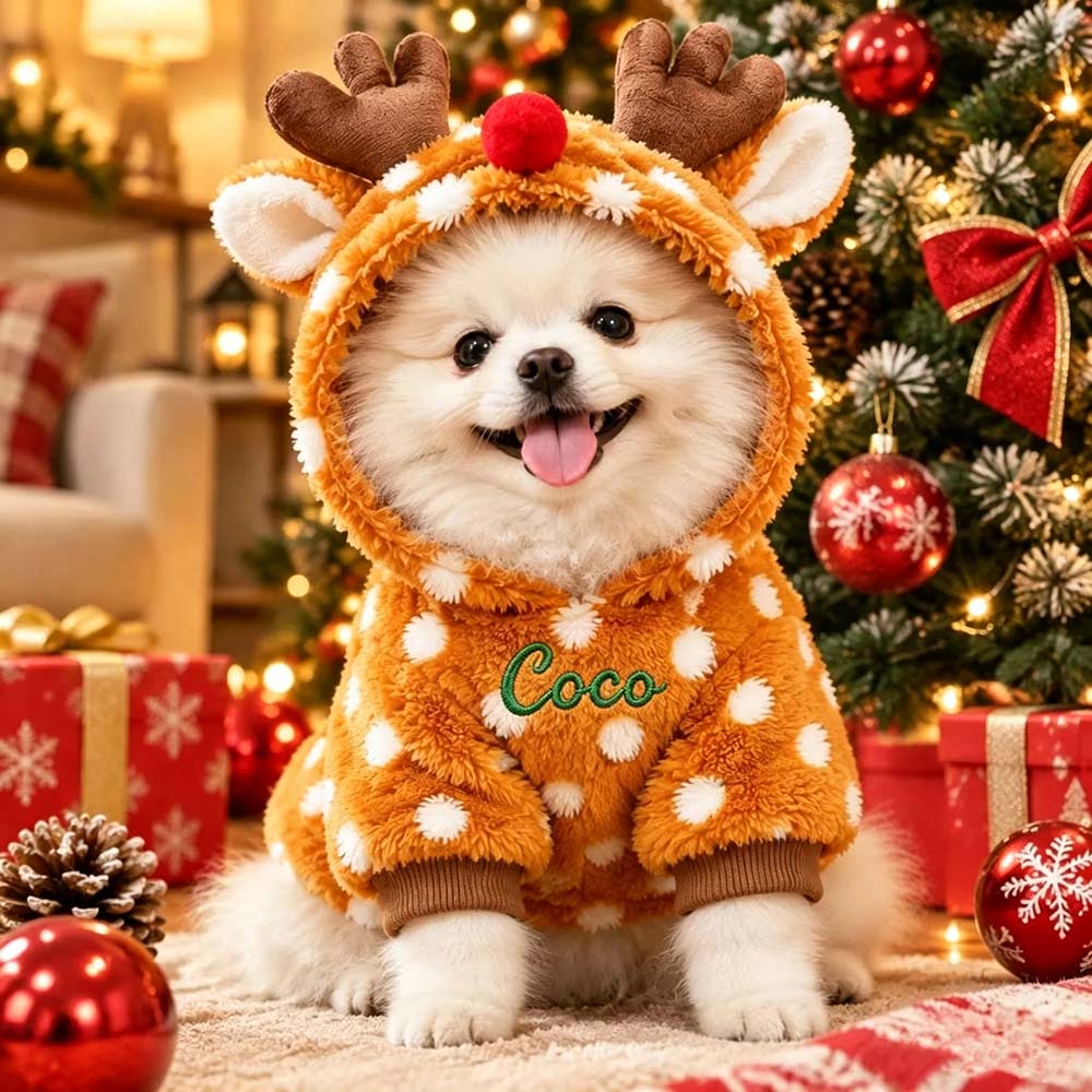 Personalized Embroidered Pets Christmas Reindeer Plush Fleece Outfit | MCGift415
