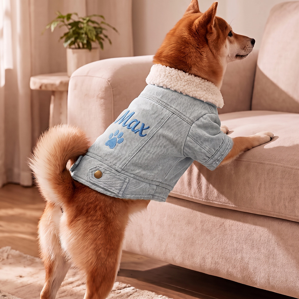 Personalized Hand Embroidered Fleece-Lined Denim Dog Jacket | BKPet607