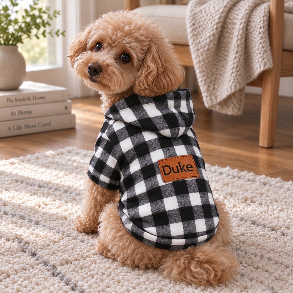 Personalized Pets Colorful Plaid Hoodie with Leather Patch | BKPet616