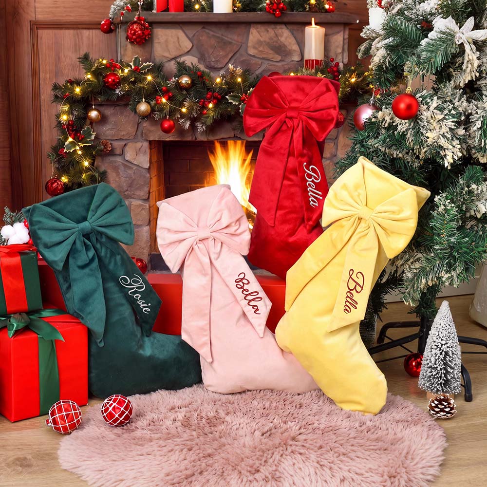 Personalized Velvet Christmas Stocking with Bow | MNGift41