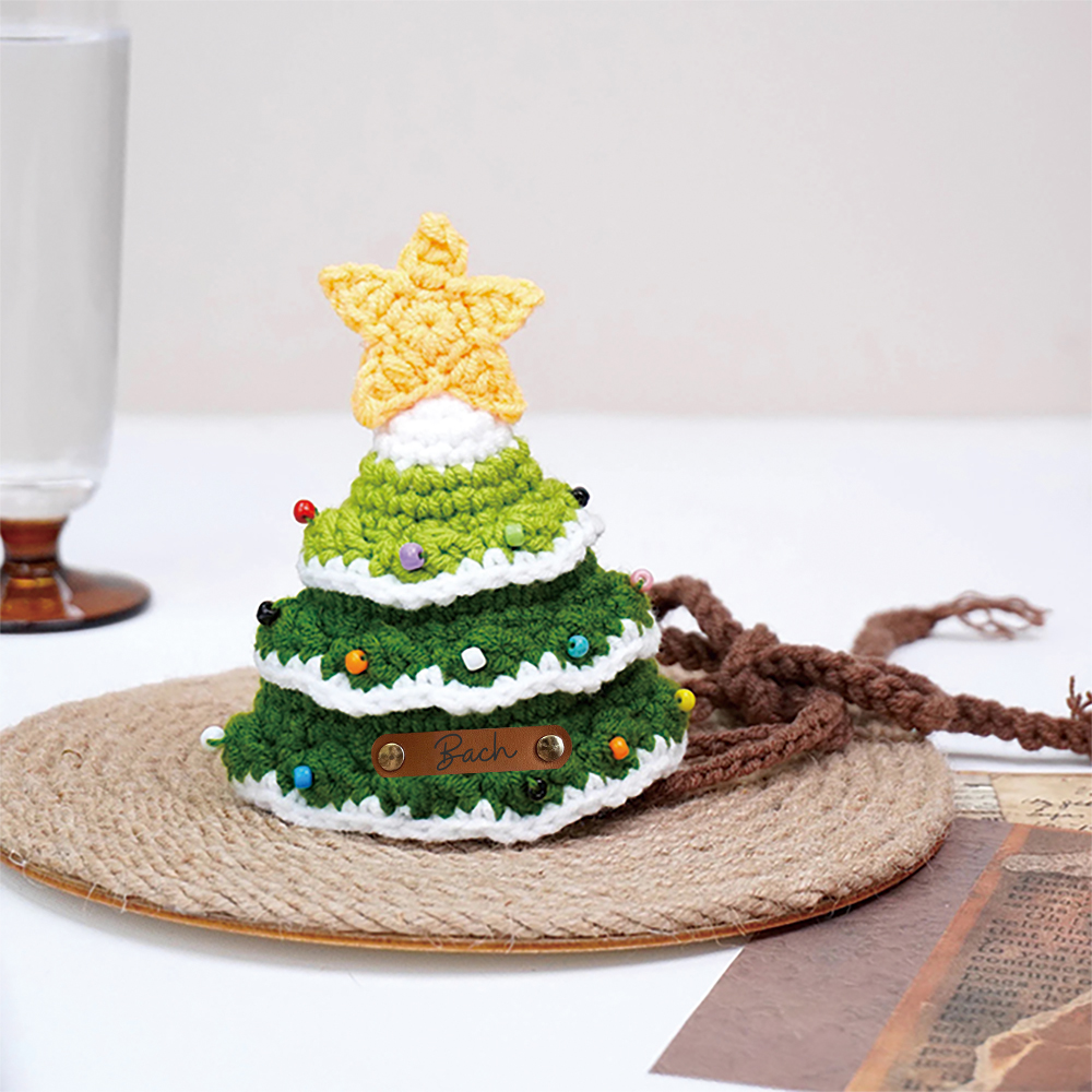Personalized Crochet Leather Patch Christmas Tree Pet Hat | MCGift79