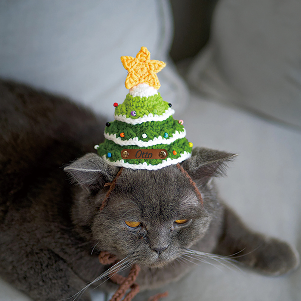 Personalized Crochet Leather Patch Christmas Tree Pet Hat | MCGift79