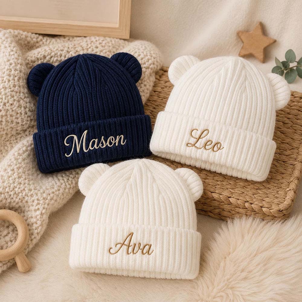 Personalized Embroidered Kids Bear Ear Knit Hat | HSKid96