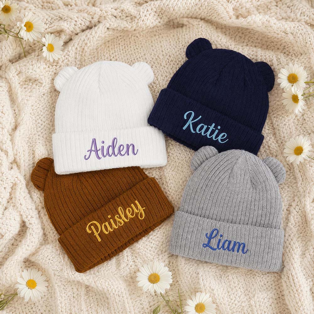 Personalized Embroidered Kids Bear Ear Knit Hat | HSKid96