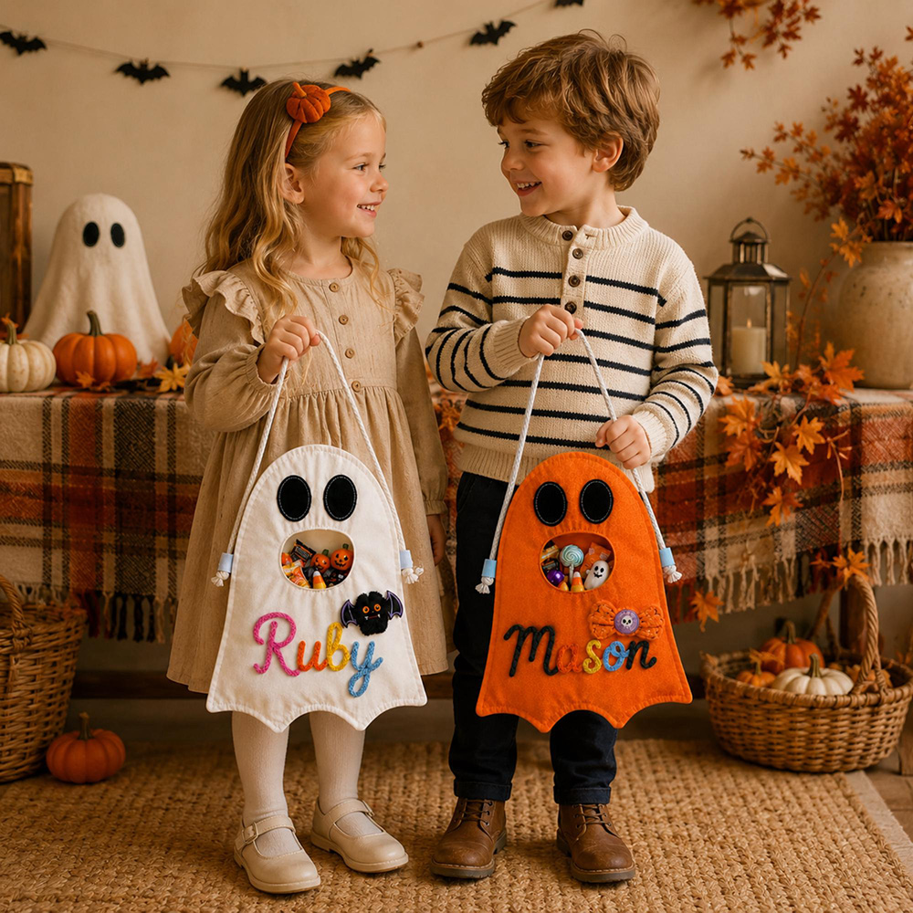 Personalized Hand Embroidery Ghost Drawstring Trick Or Treat Bag | MNHalloween18