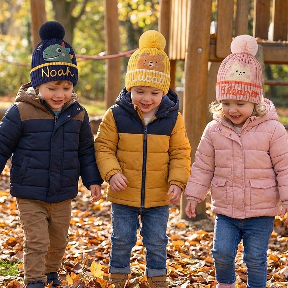 Personalized Hand Embroidery Cartoon Animal Pom Pom Beanie WinterHat | HSKid90