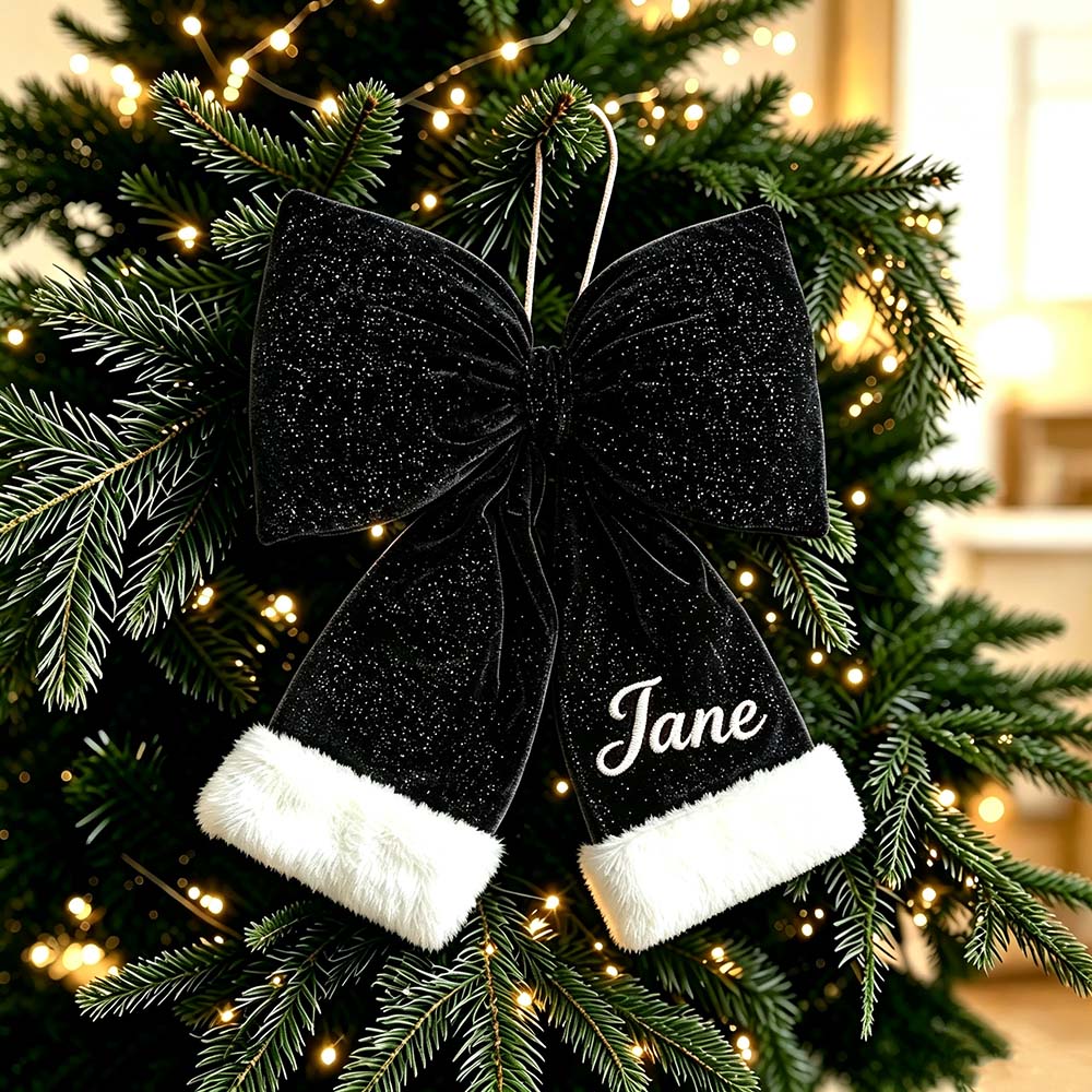 Personalized Velvet Christmas Bow Ornament With Furry Trim | MCGift384