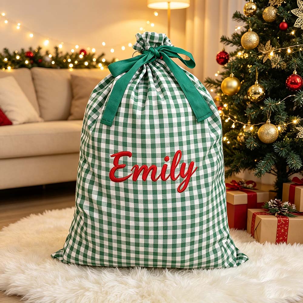 Personalized Embroidered Gingham Santa Gift Bag | MCGift391