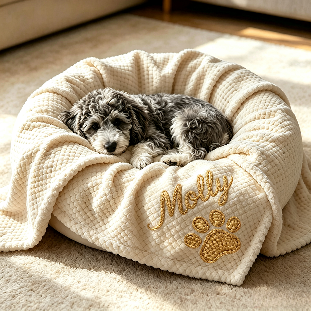 Personalized Hand Embroidered Puppy Blanket with Name & Paw Print | MNHome106