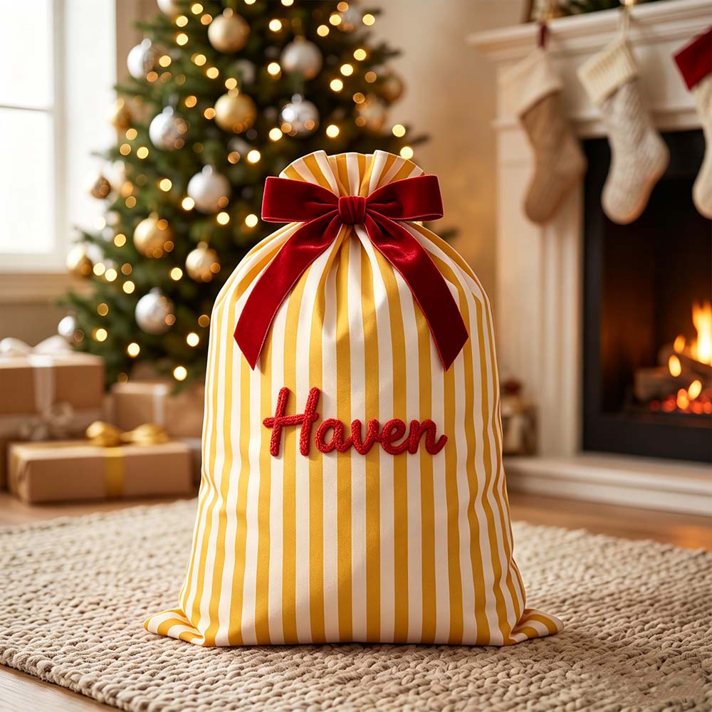 Personalized Hand Embroidered Striped Christmas Gift Sack | MNGift39