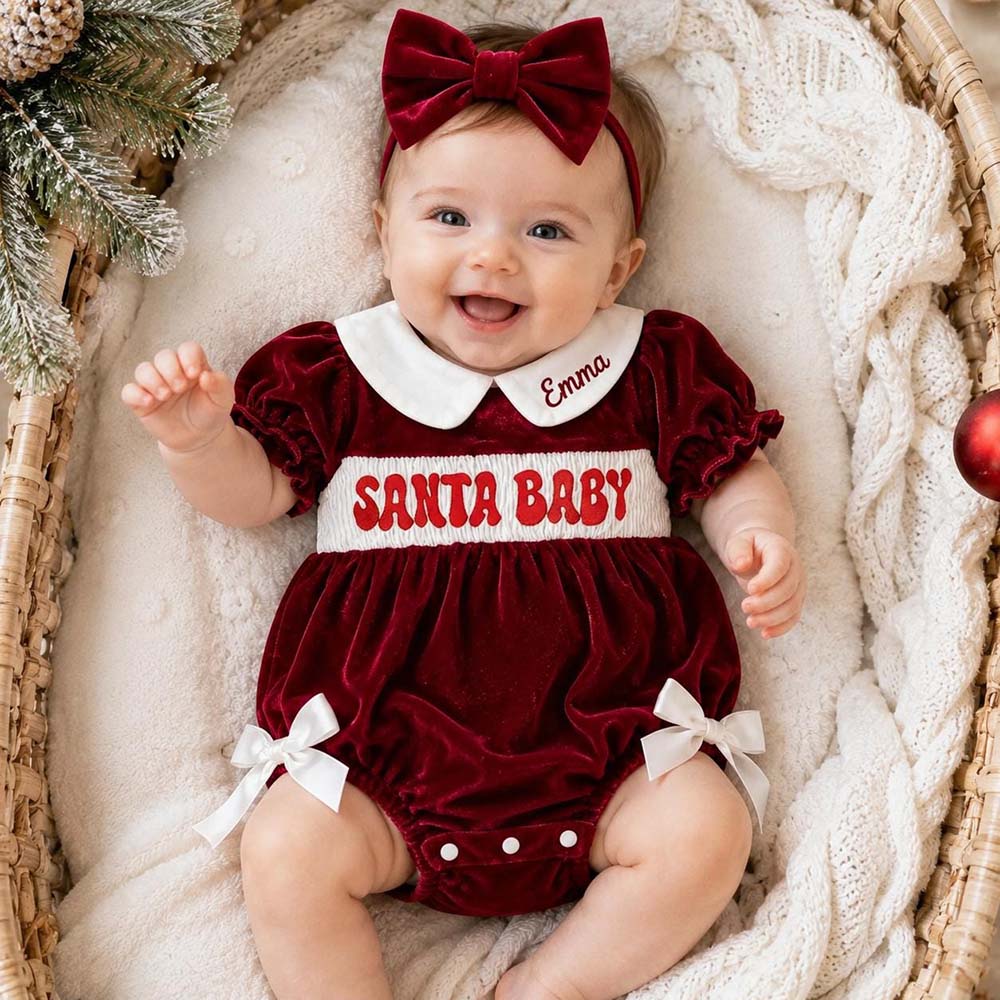 Personalized Embroidered Baby Girl Christmas Santa Velvet Outfit | MNBaby12