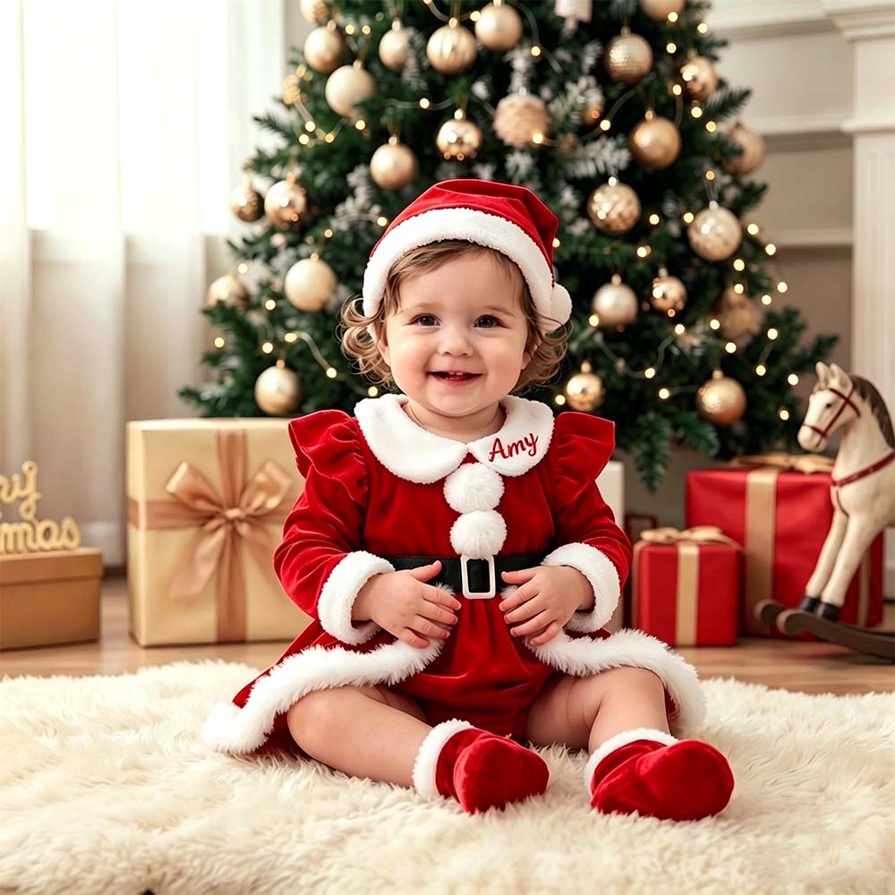 Personalized Embroidered Baby Girls Christmas Bodysuit Dress With Santa Hat | MNBaby16