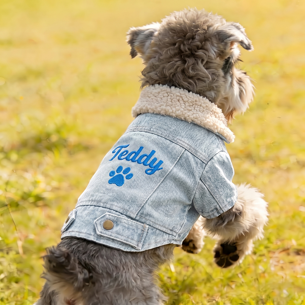 Personalized Hand Embroidered Fleece-Lined Denim Dog Jacket | BKPet607