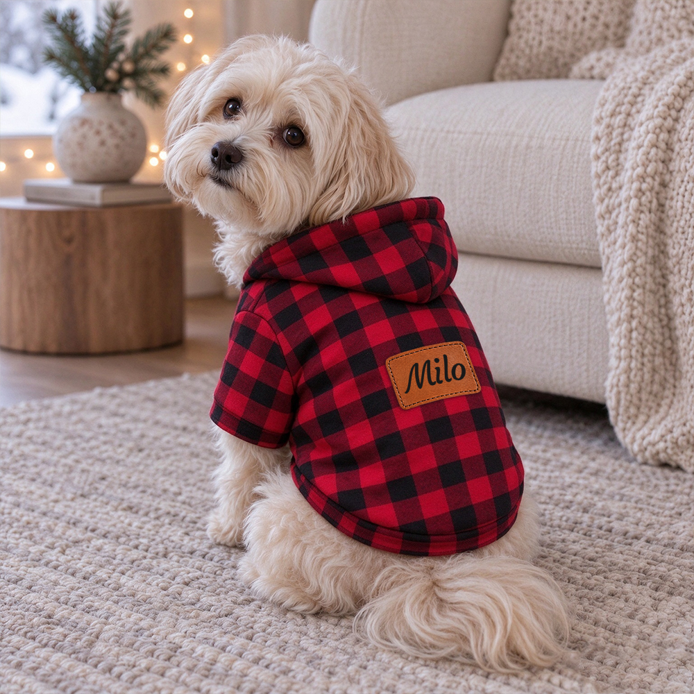 Personalized Pets Colorful Plaid Hoodie with Leather Patch | BKPet616
