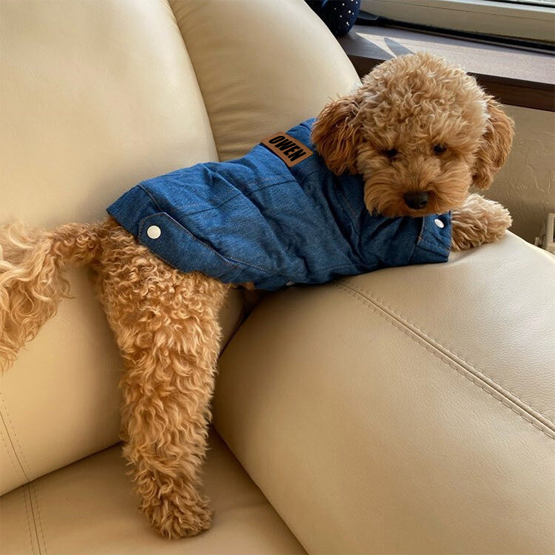 Personalized Leather Patch Pets Warm Denim Jacket | BKPet69