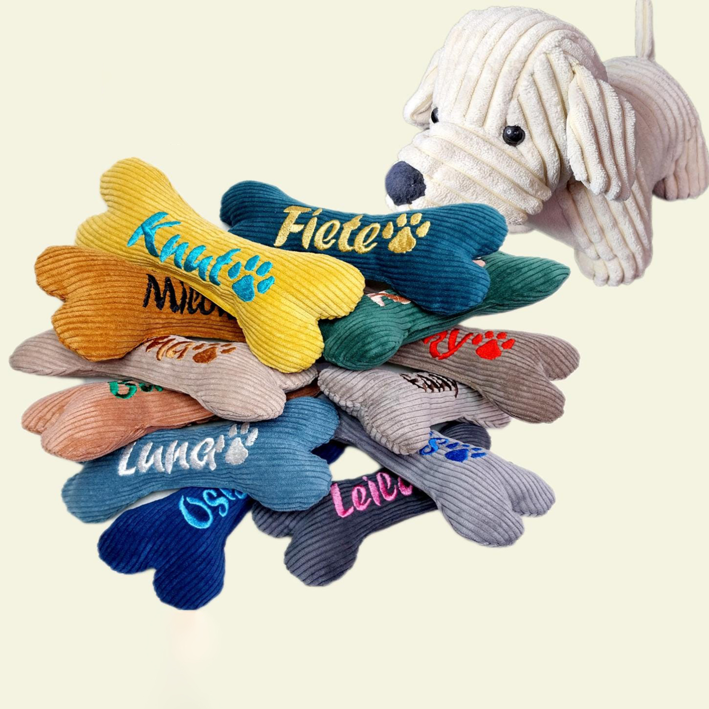Personalized Embroidered Corduroy Puppy Bone Squeaker Toy | BKPet257