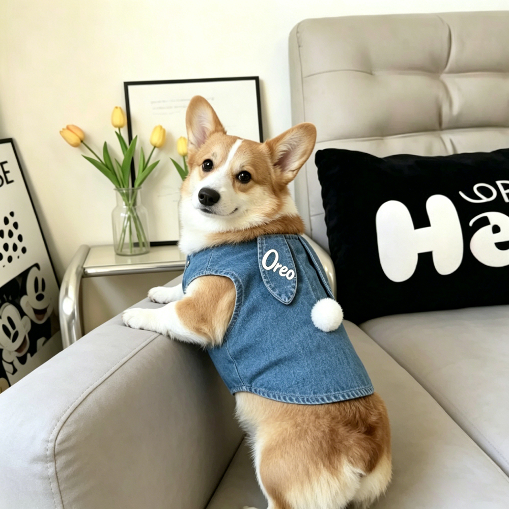 Personalized Embroidered Cute Bunny-Ear Denim Dog Vest | MNCloth219