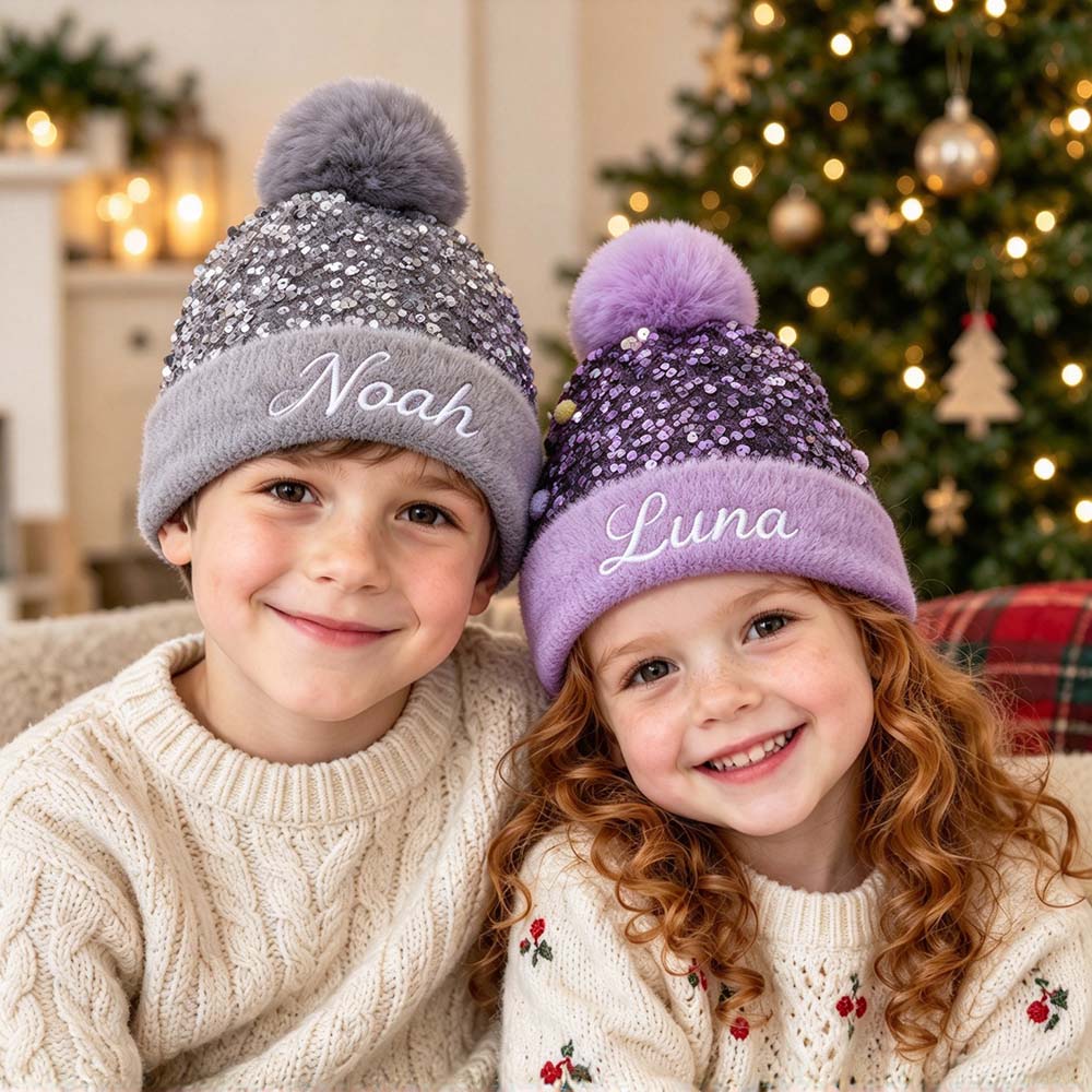 Personalized Embroidered Kids Sequin Pom Pom Hat | MNKid14