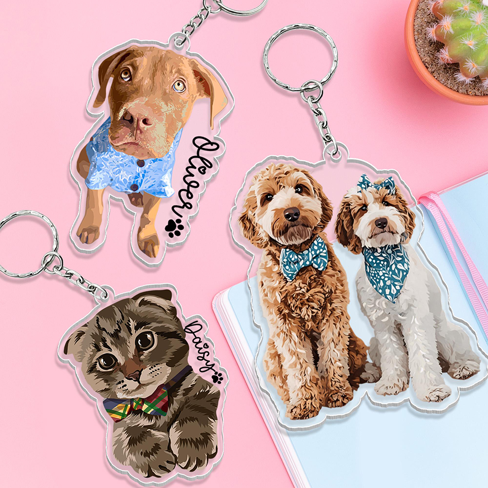 Personalized Illustrated Pet Portrait Memorial Photo Keychain | CWGift24