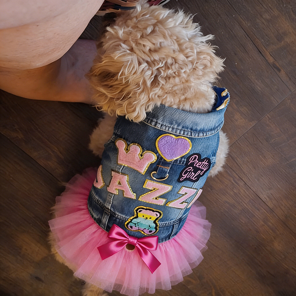 Personalized Hand Patch Pets Denim Jacket with TUTU Skirt | MNCloth189