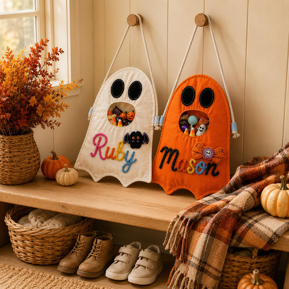 Personalized Hand Embroidery Ghost Drawstring Trick Or Treat Bag | MNHalloween18