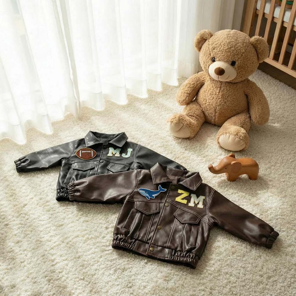 Personalized Chenille Patch Baby Vegan Leather Jacket | CWBaby518
