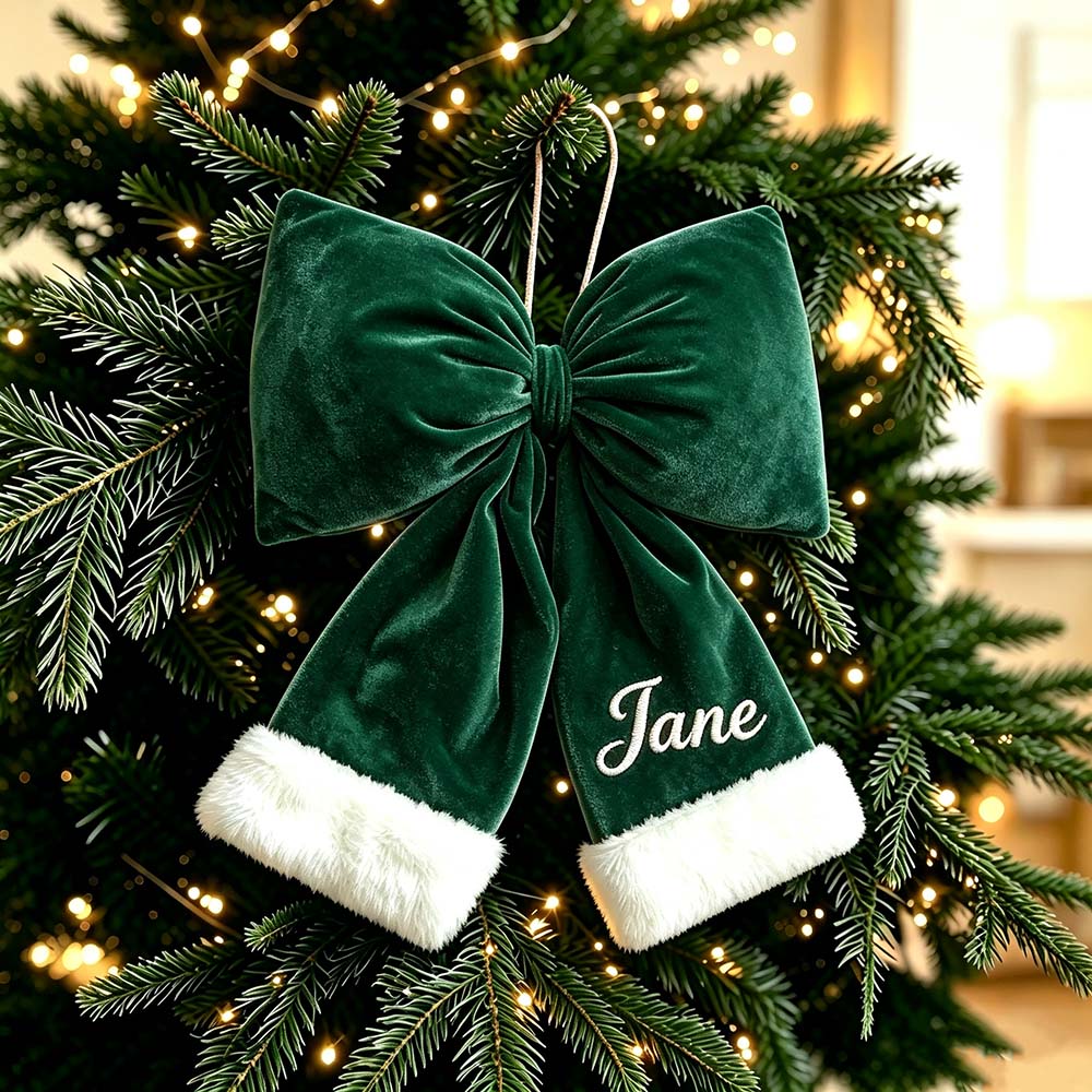 Personalized Velvet Christmas Bow Ornament With Furry Trim | MCGift384