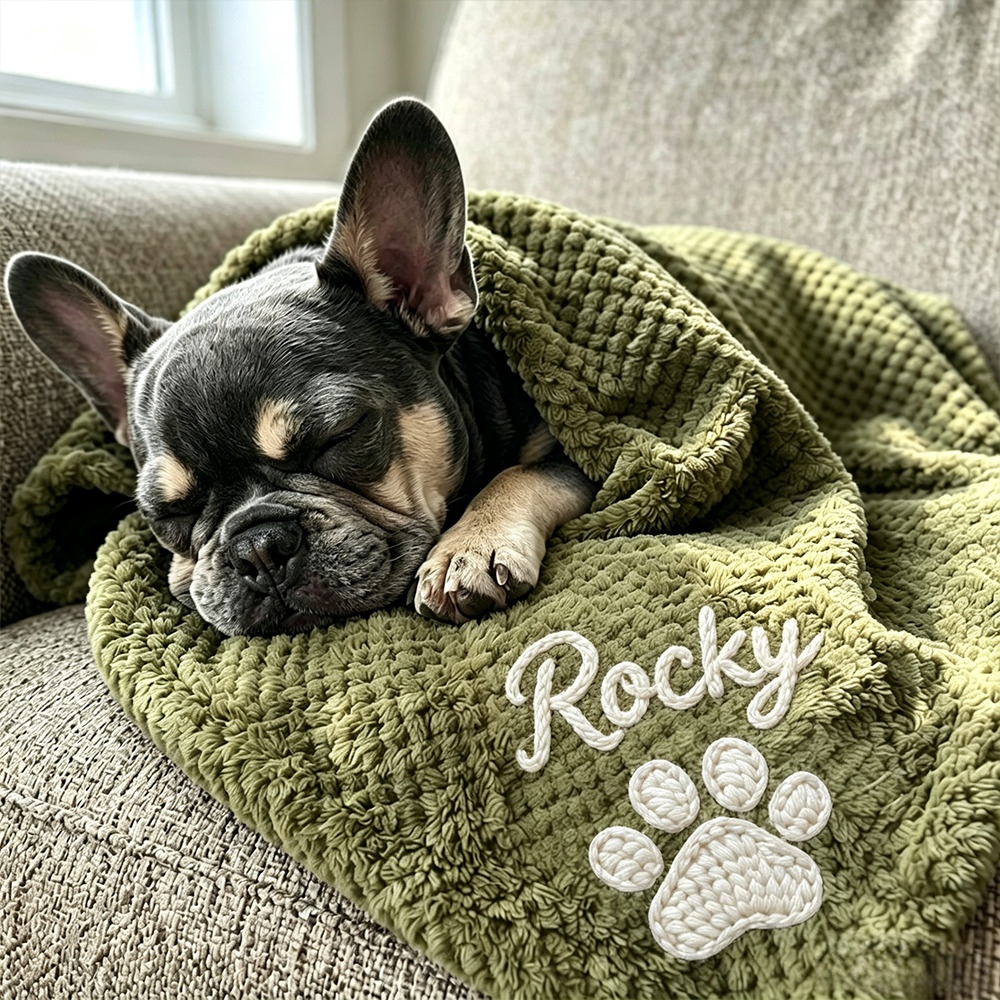 Personalized Hand Embroidered Puppy Blanket with Name & Paw Print | MNHome106