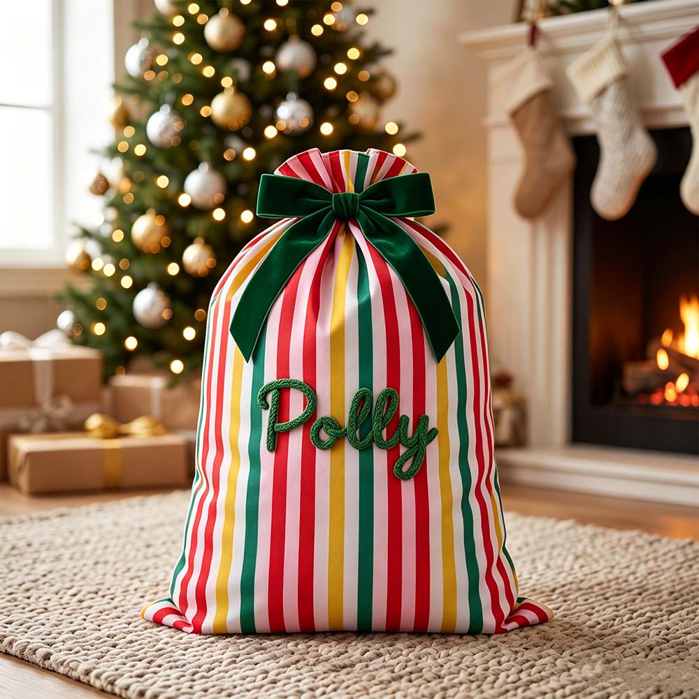Personalized Hand Embroidered Striped Christmas Gift Sack | MNGift39