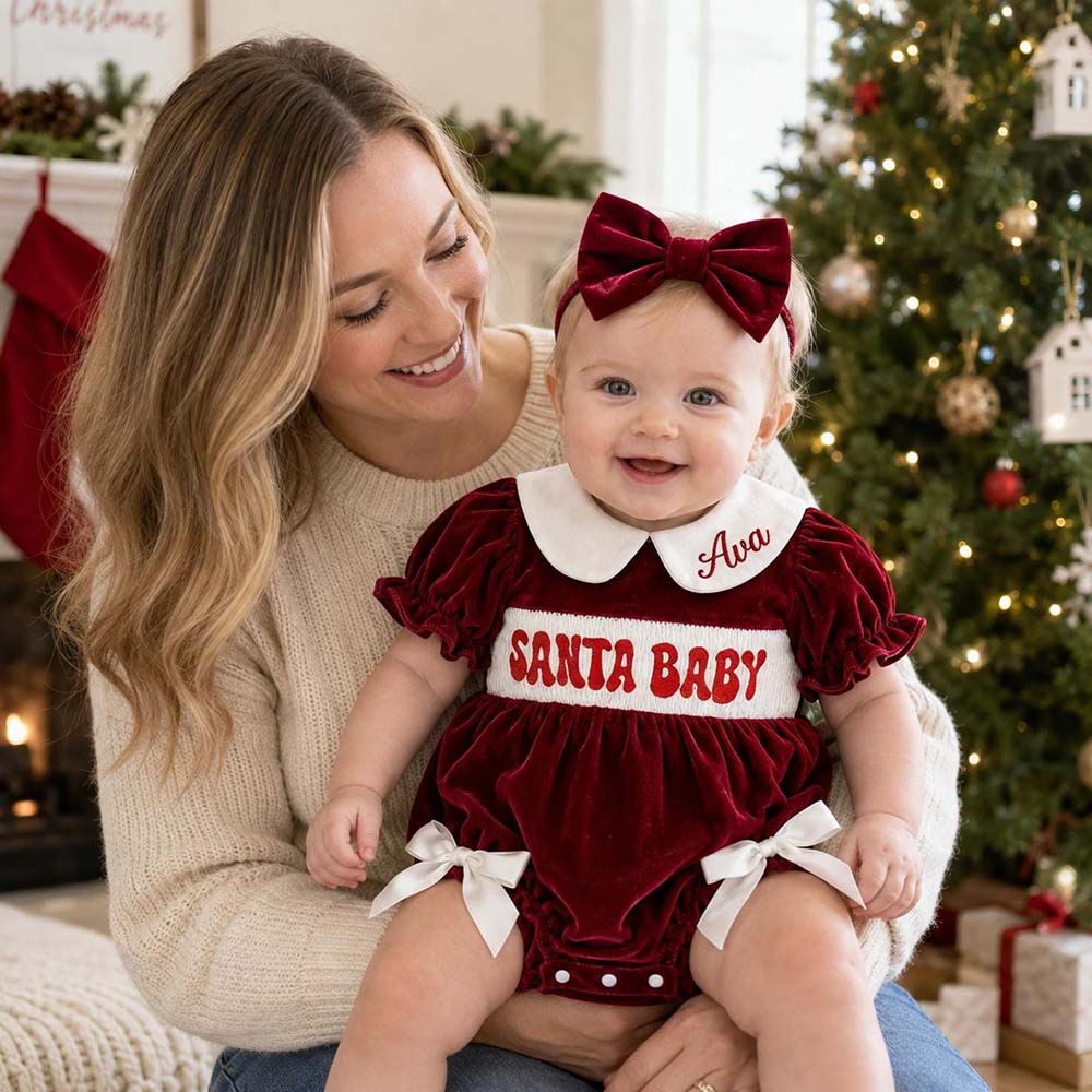 Personalized Embroidered Baby Girl Christmas Santa Velvet Outfit | MNBaby12