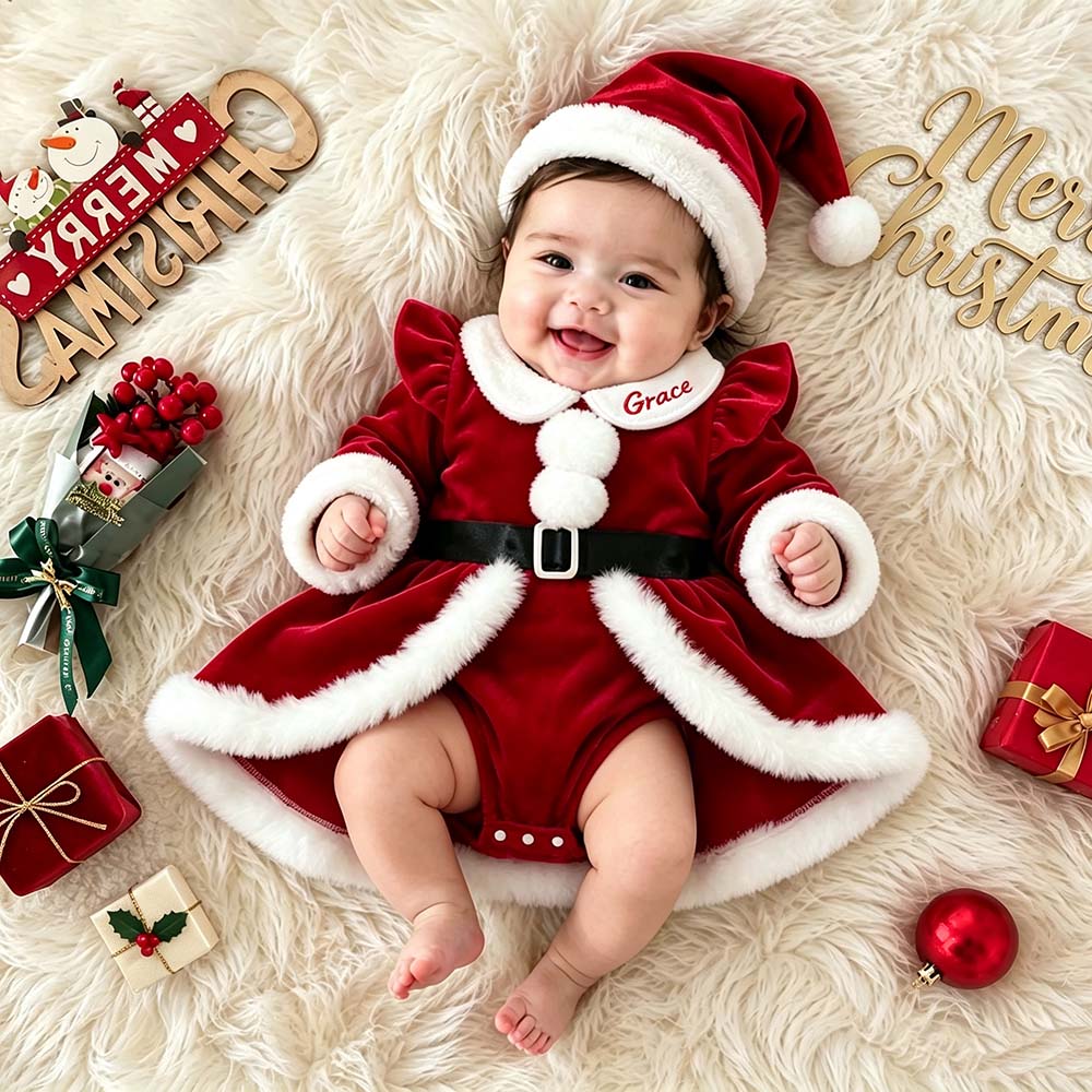 Personalized Embroidered Baby Girls Christmas Bodysuit Dress With Santa Hat | MNBaby16