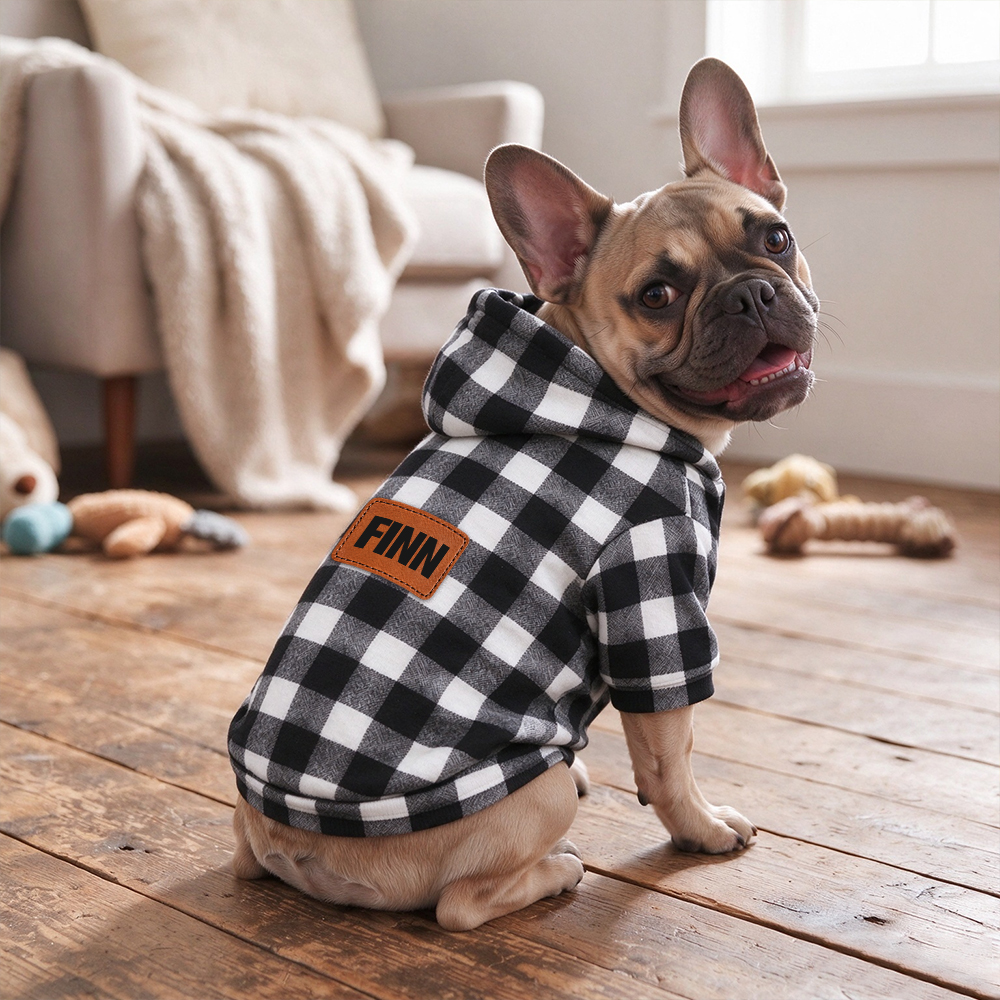 Personalized Pets Colorful Plaid Hoodie with Leather Patch | BKPet616