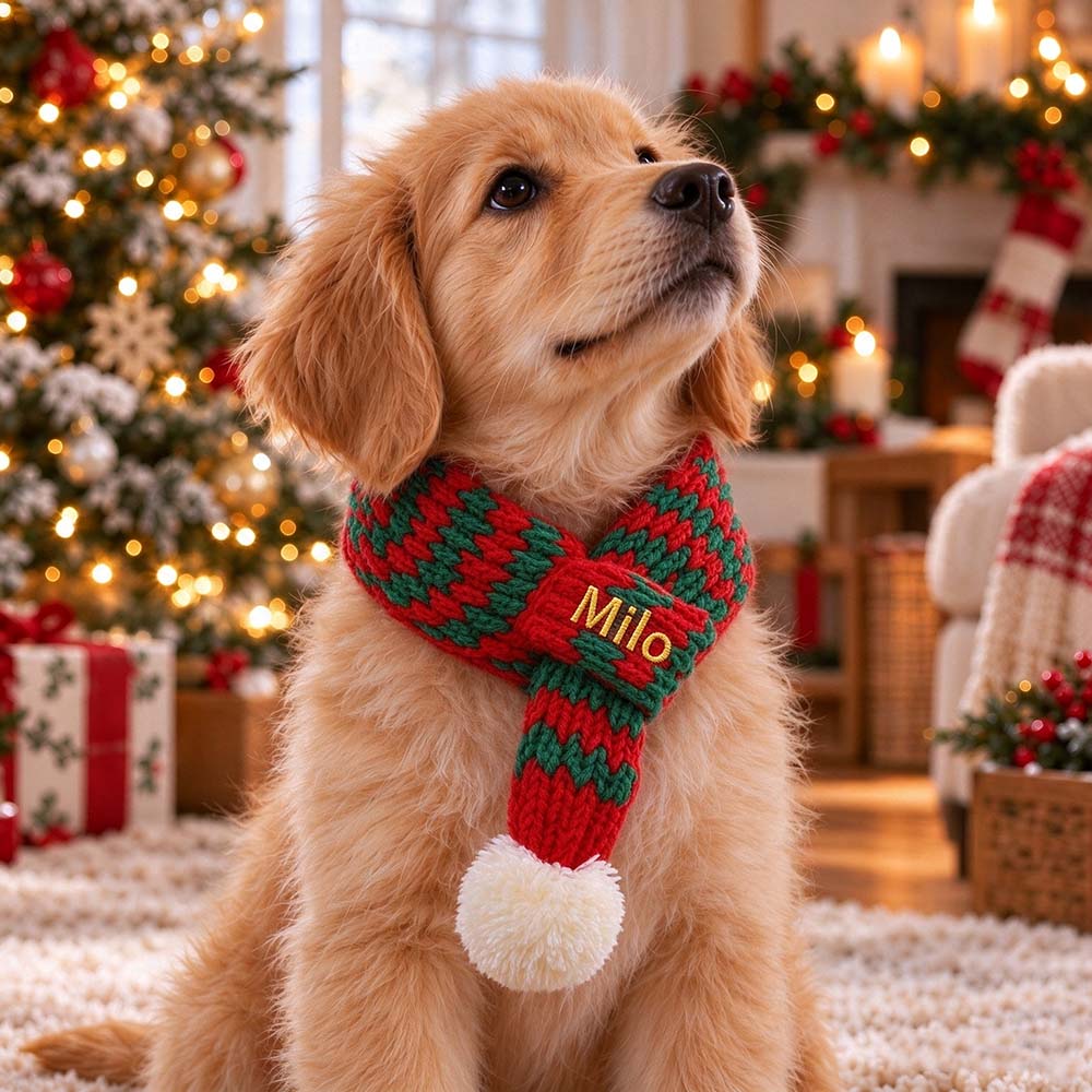 Personalized Embroidered Christmas Pet Pom Pom Scarf | MCGift437