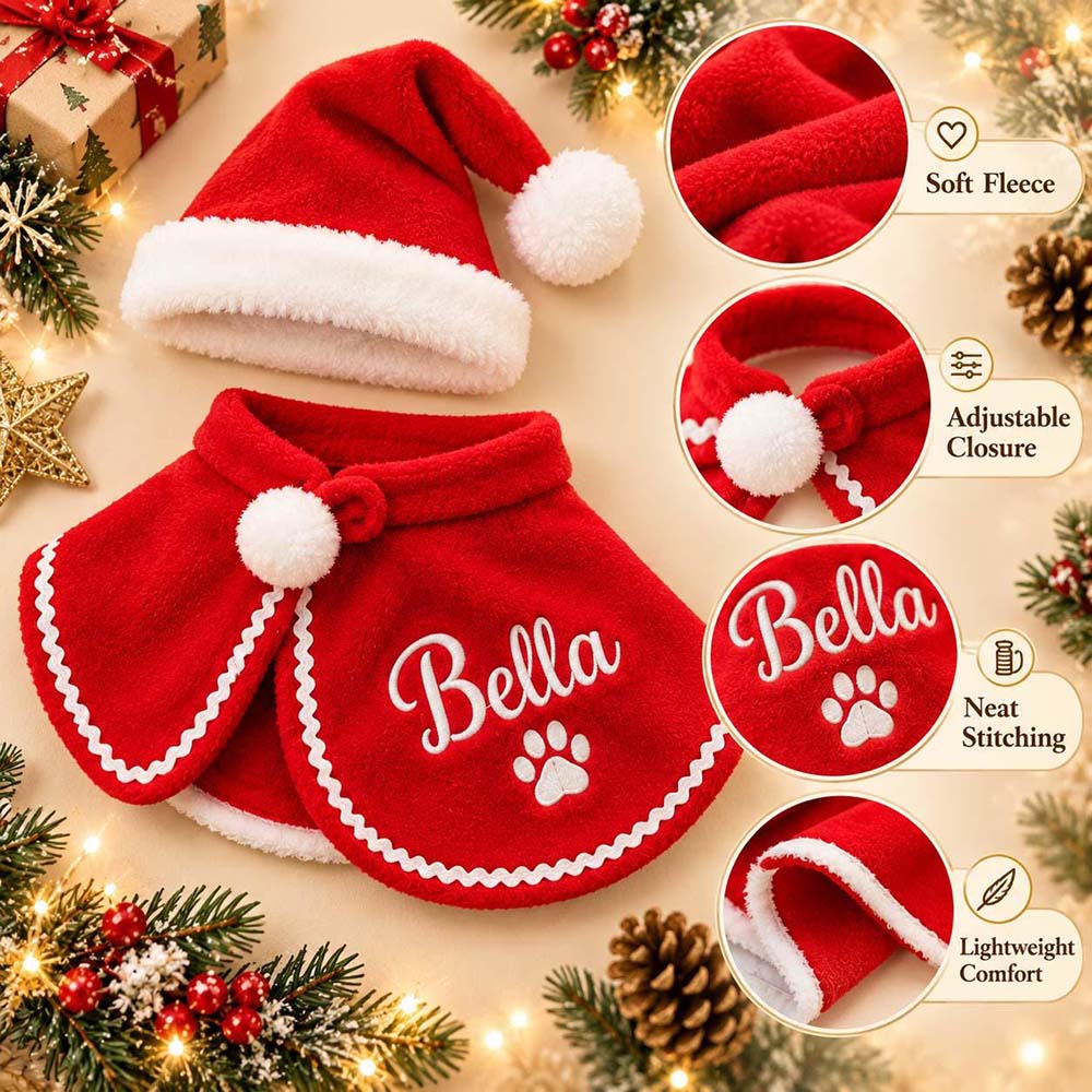 Personalized Embroidered Christmas Pet Cape & Santa Hat | MCGift440