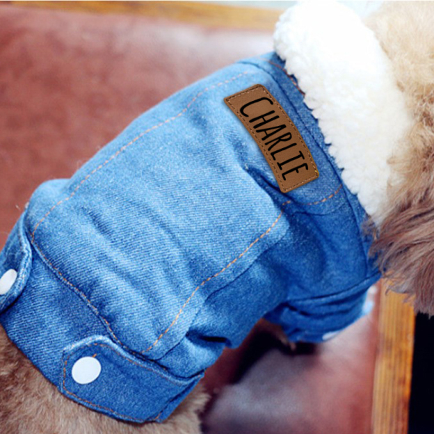Personalized Leather Patch Pets Warm Denim Jacket | BKPet69