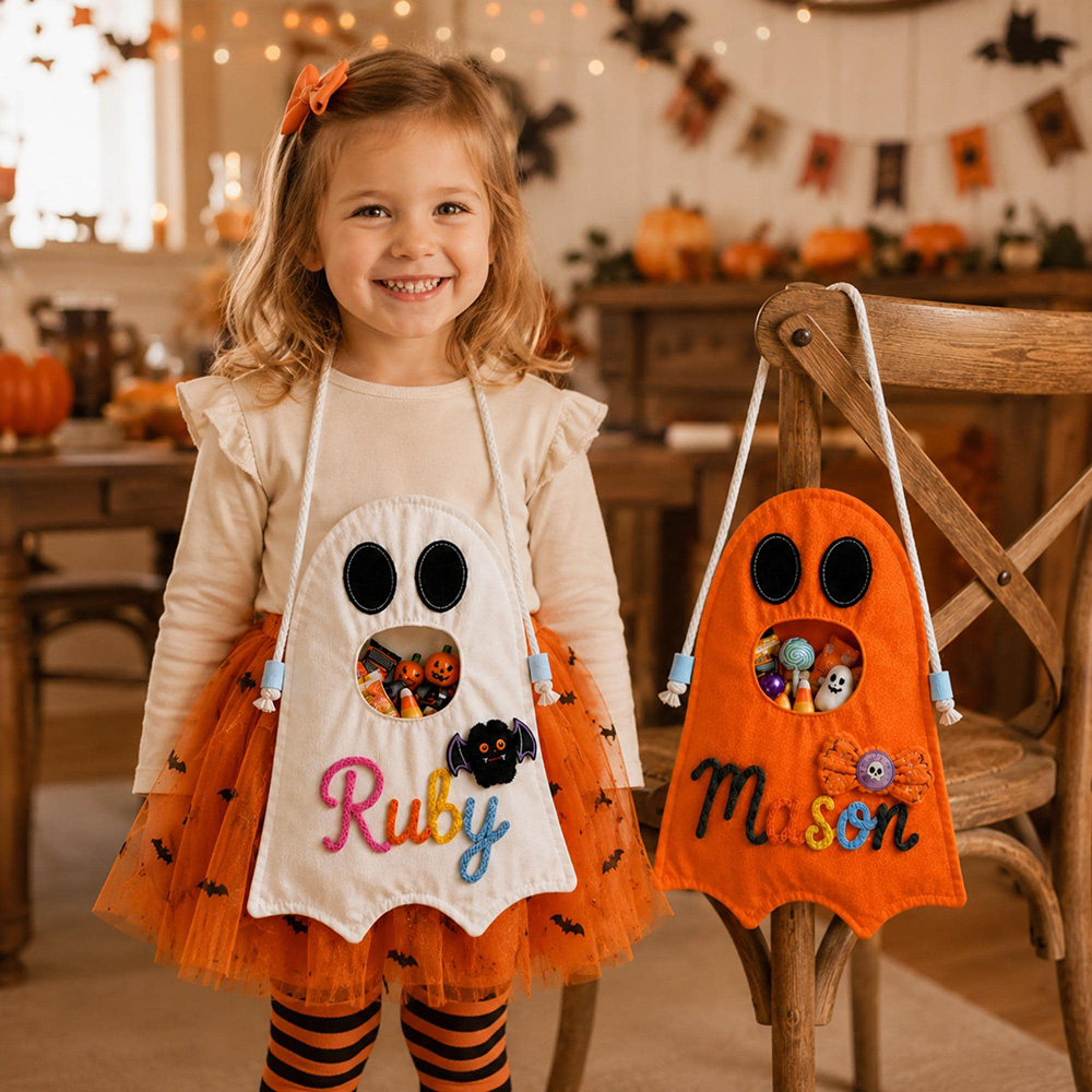 Personalized Hand Embroidery Ghost Drawstring Trick Or Treat Bag | MNHalloween18