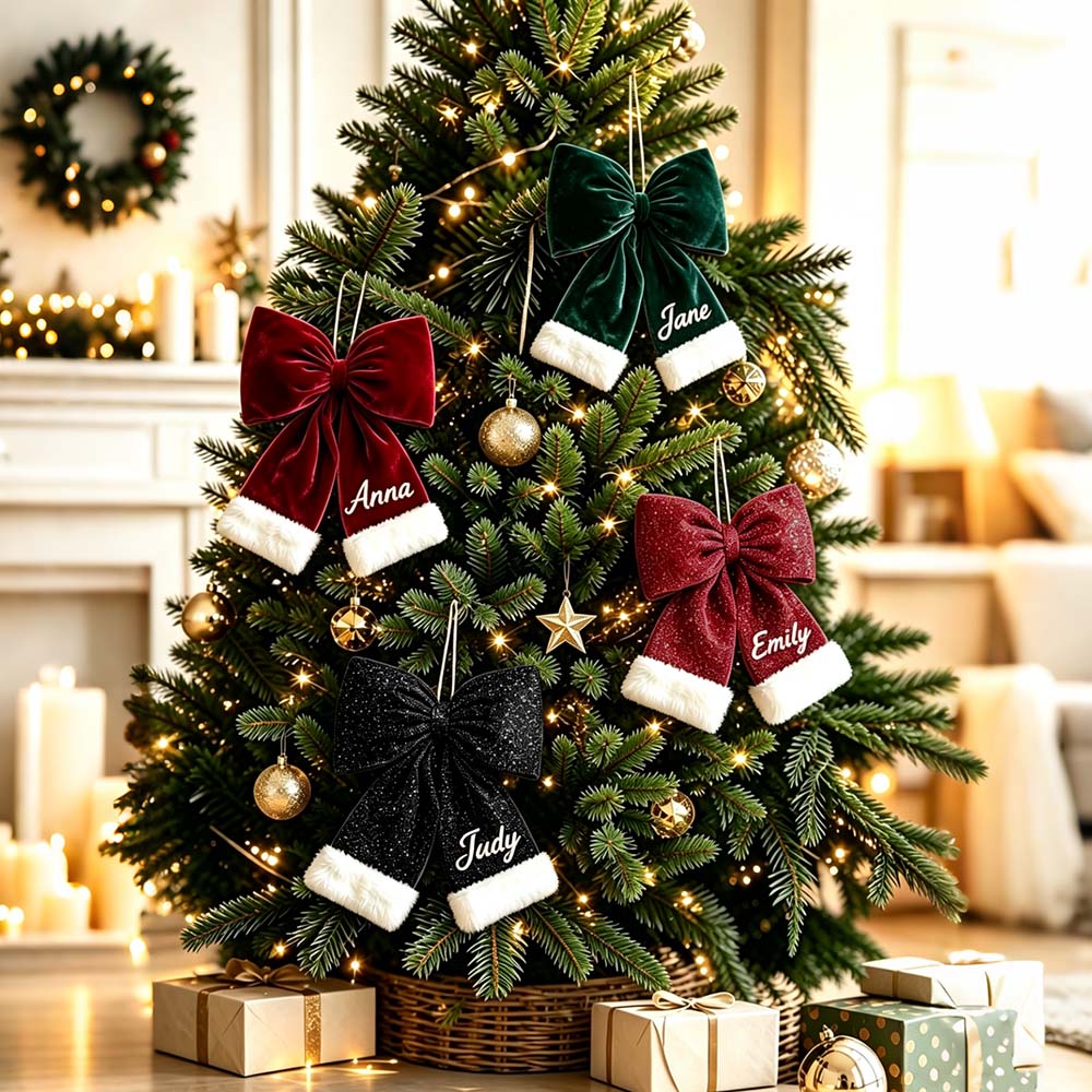 Personalized Velvet Christmas Bow Ornament With Furry Trim | MCGift384