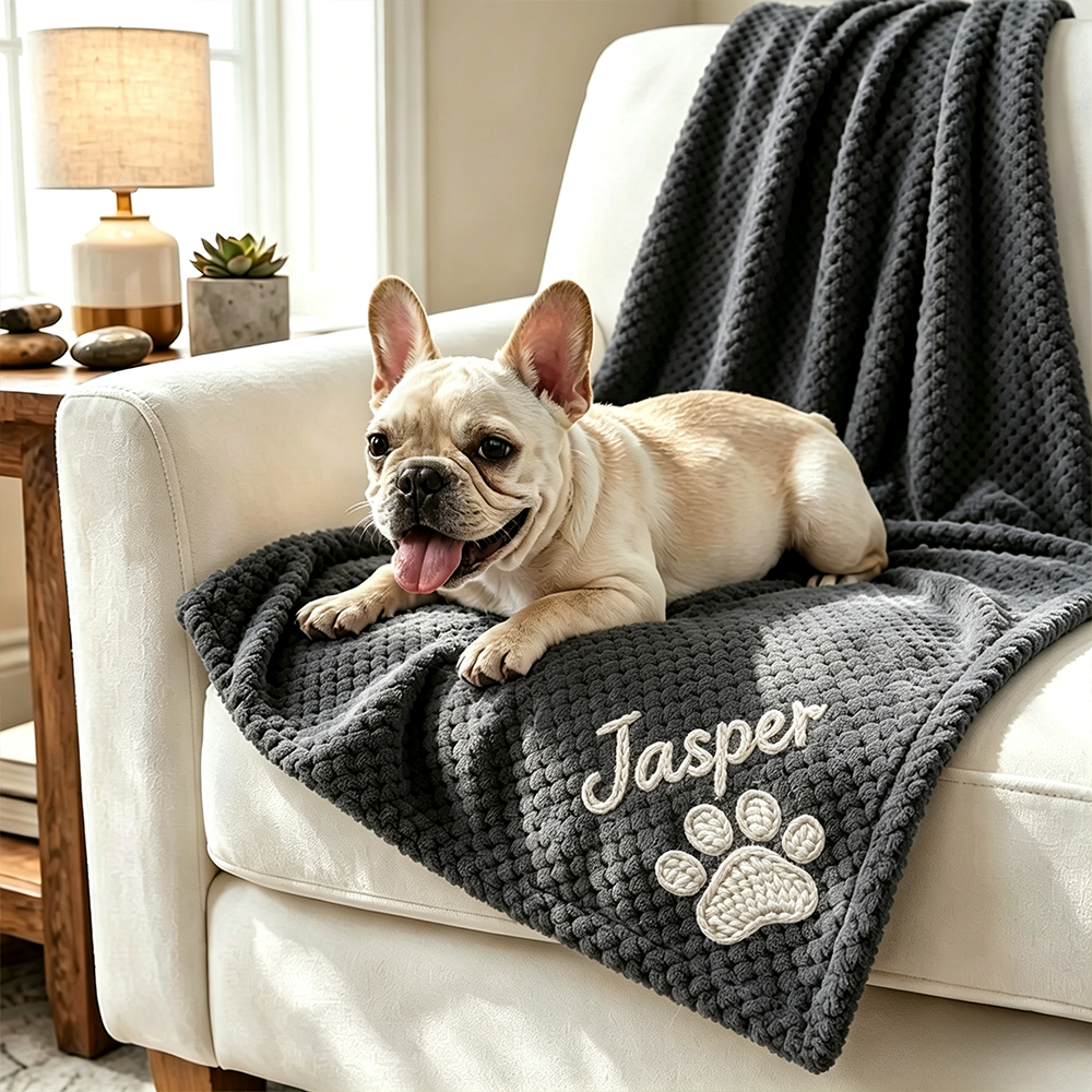 Personalized Hand Embroidered Puppy Blanket with Name & Paw Print | MNHome106