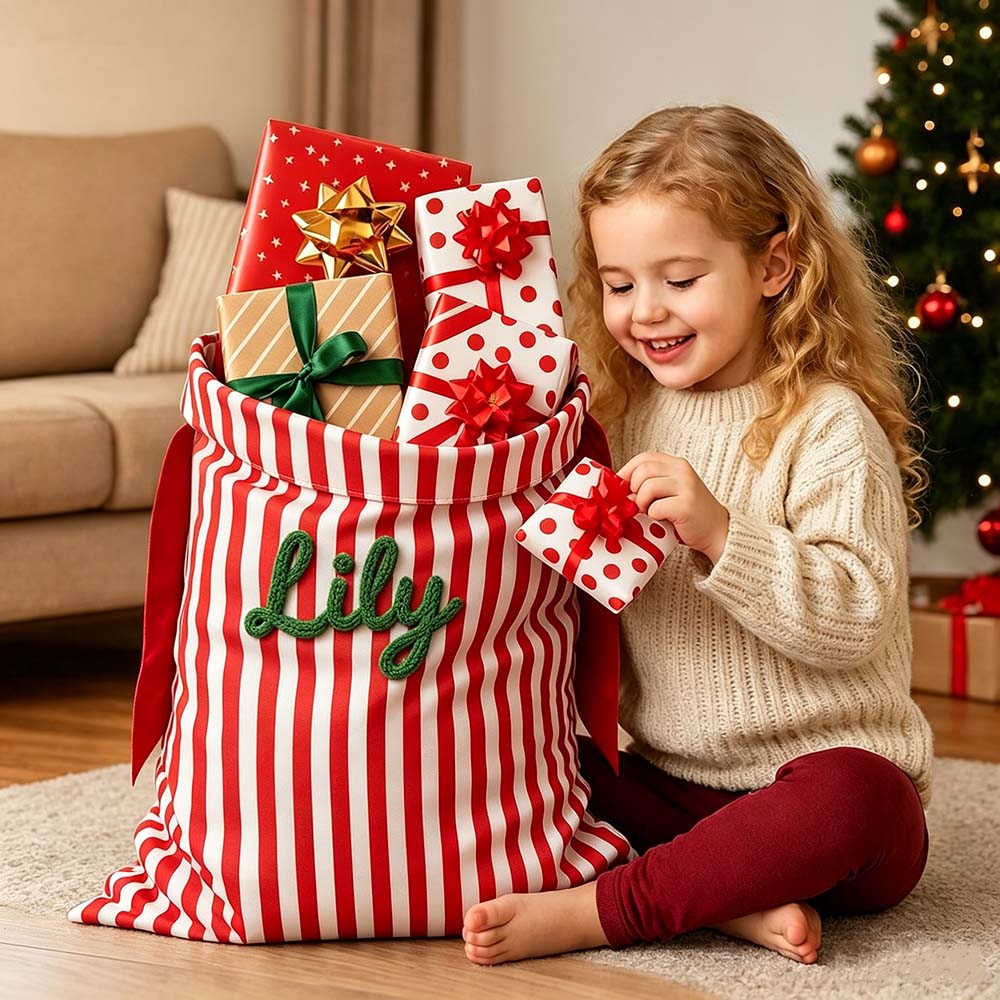 Personalized Hand Embroidered Striped Christmas Gift Sack | MNGift39