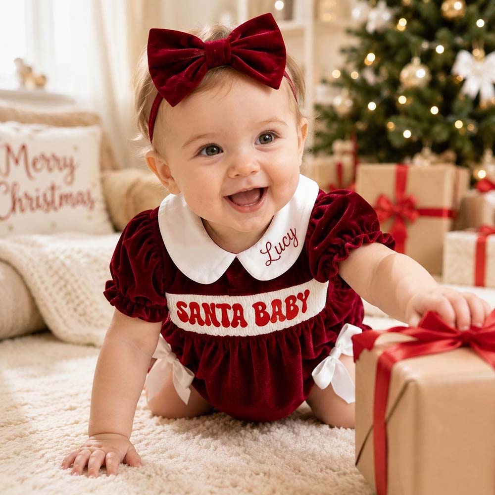 Personalized Embroidered Baby Girl Christmas Santa Velvet Outfit | MNBaby12