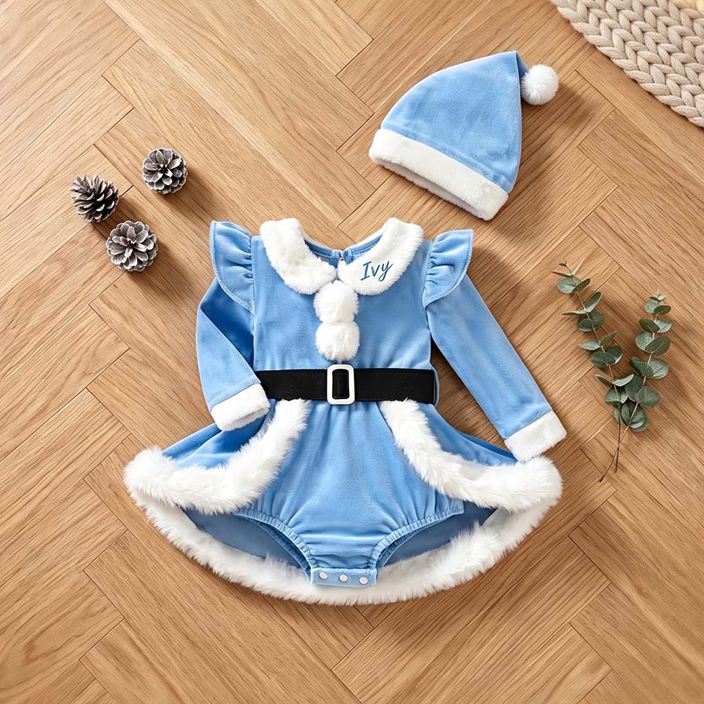 Personalized Embroidered Baby Girls Christmas Bodysuit Dress With Santa Hat | MNBaby16