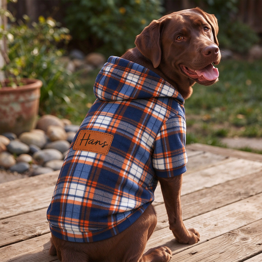 Personalized Pets Colorful Plaid Hoodie with Leather Patch | BKPet616