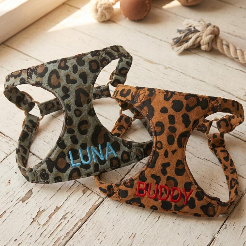 Personalized Embroidered Pet Leopard Print Harness Leash Set | MNAccs86