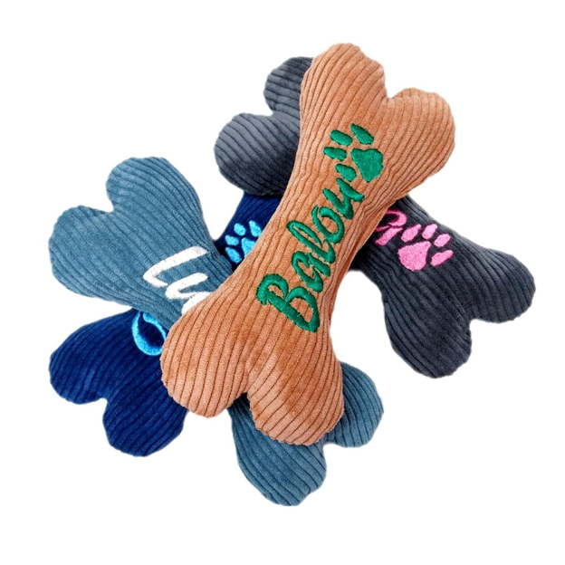 Personalized Embroidered Corduroy Puppy Bone Squeaker Toy | BKPet257